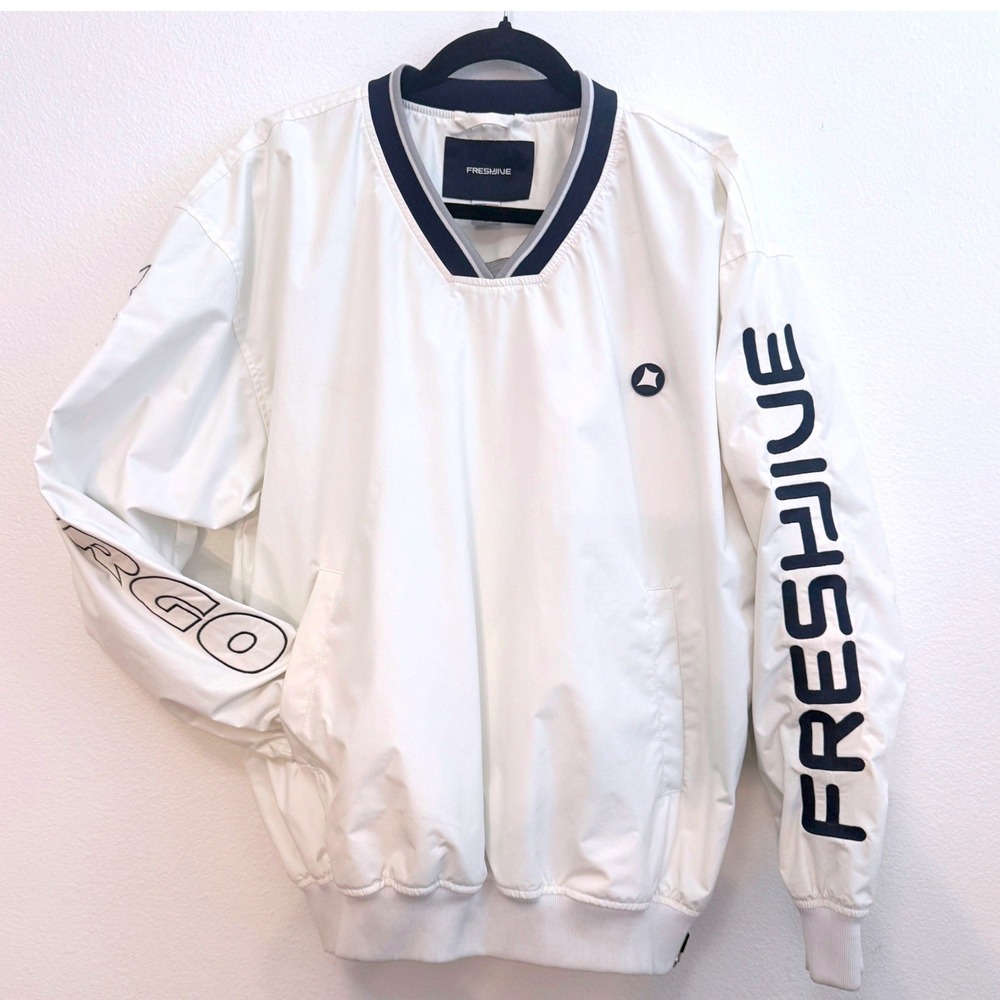 Freshjive Men Small Windbreaker Pullover White Graphic Sleeve V-Neck Made in USA